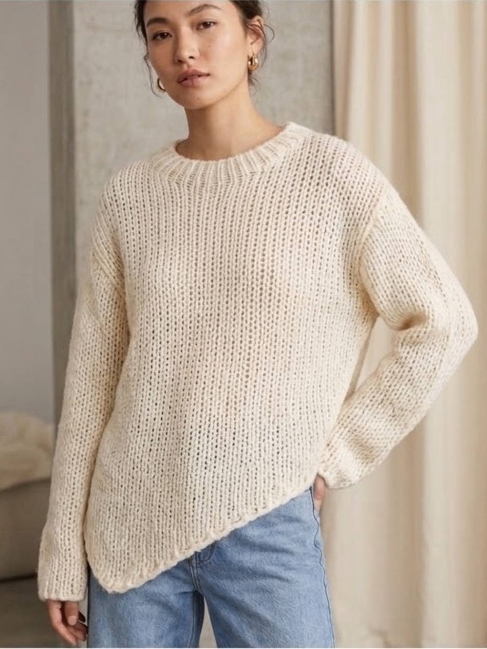 NWT ZARA Asymmetric Knit Alpaca Wool Blend Sweater Cream Small